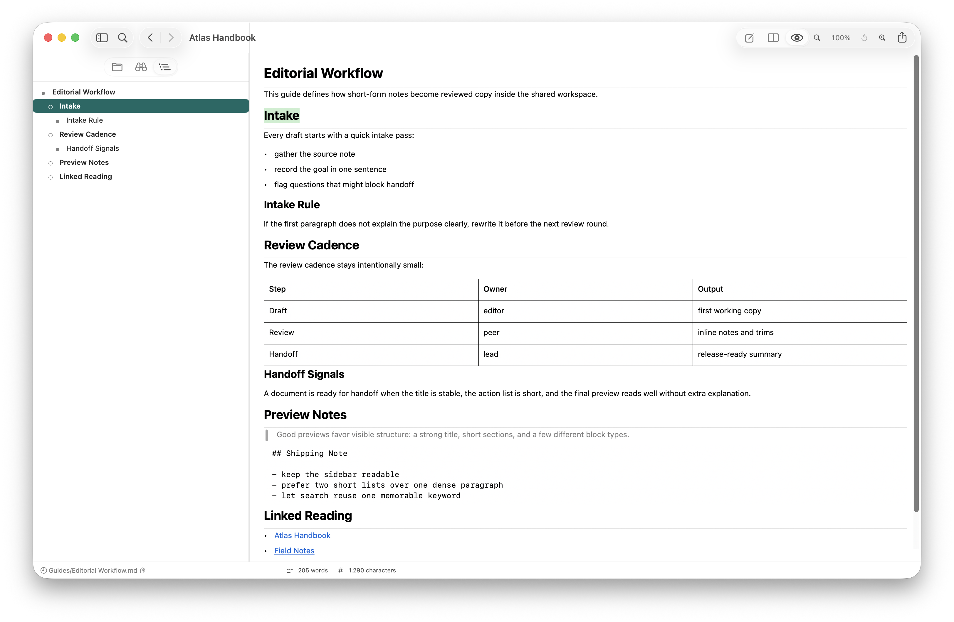 Mark Studio Chapters sidebar showing nested heading structure