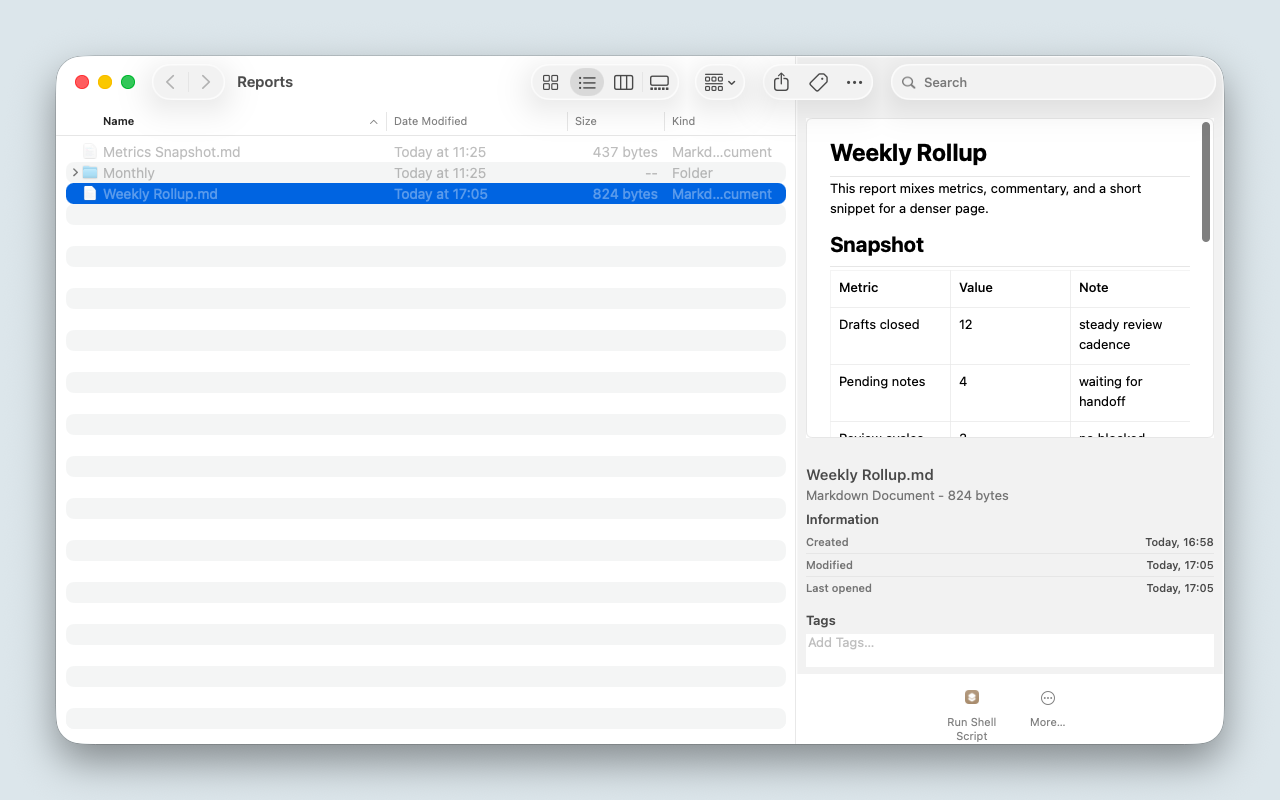 Finder Preview pane showing a rendered Markdown document