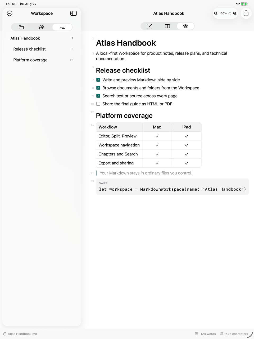 Mark Studio Chapters sidebar beside Markdown Preview on iPad