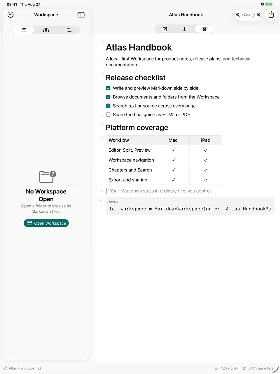 Mark Studio Preview on iPad showing a rendered Markdown handbook