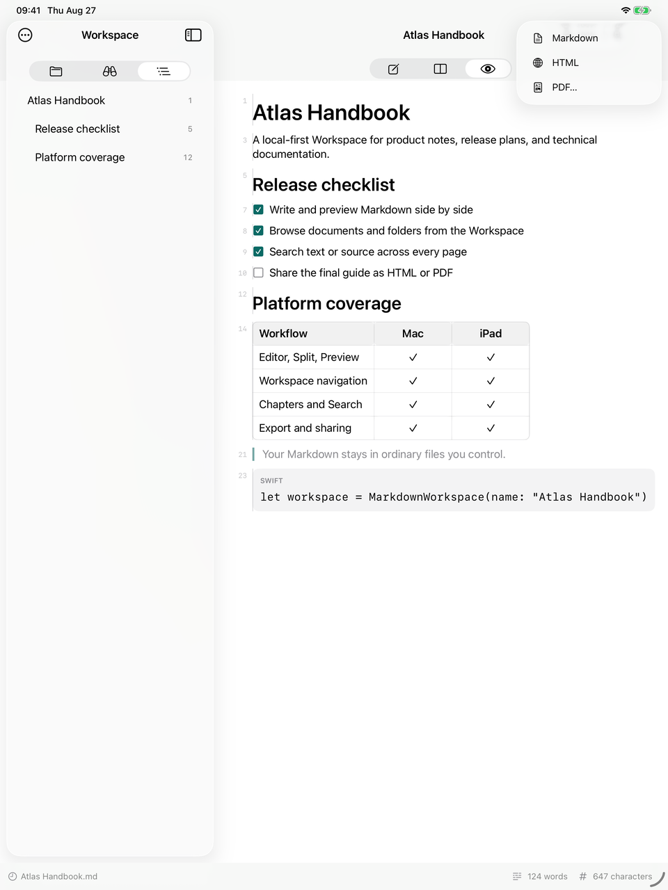 Mark Studio share and export menu on iPad