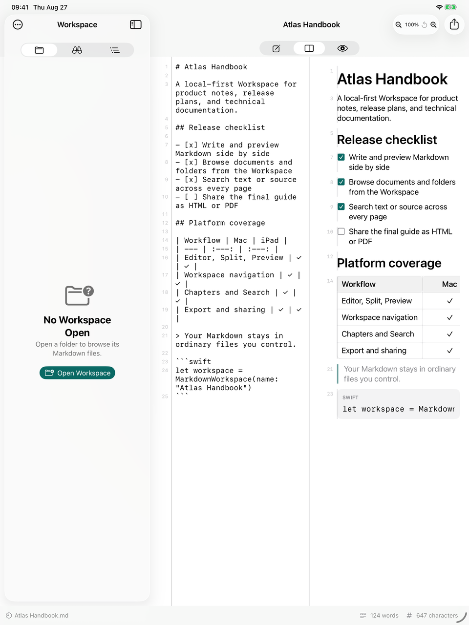Mark Studio Split mode on iPad with source and rendered Preview