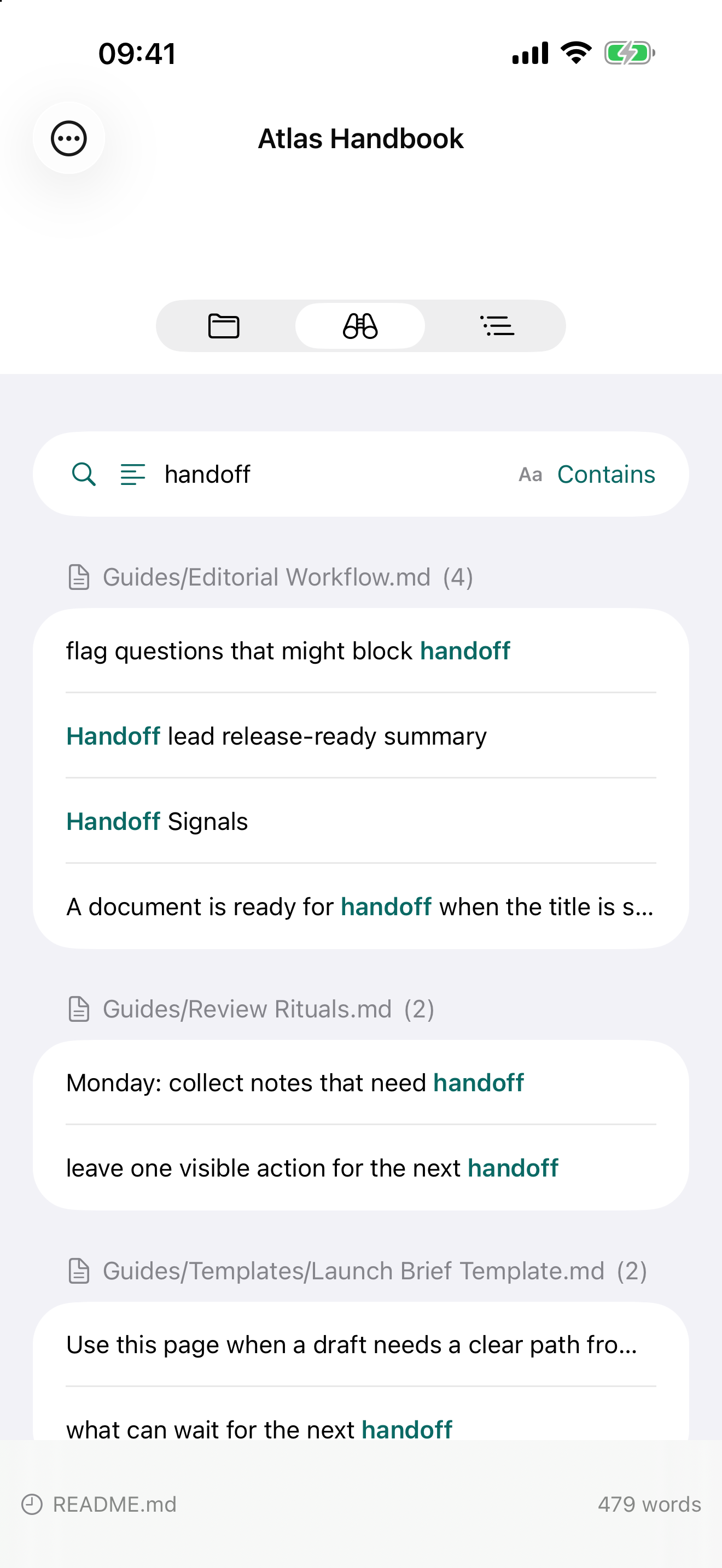 Workspace Search results in Mark Studio on iPhone
