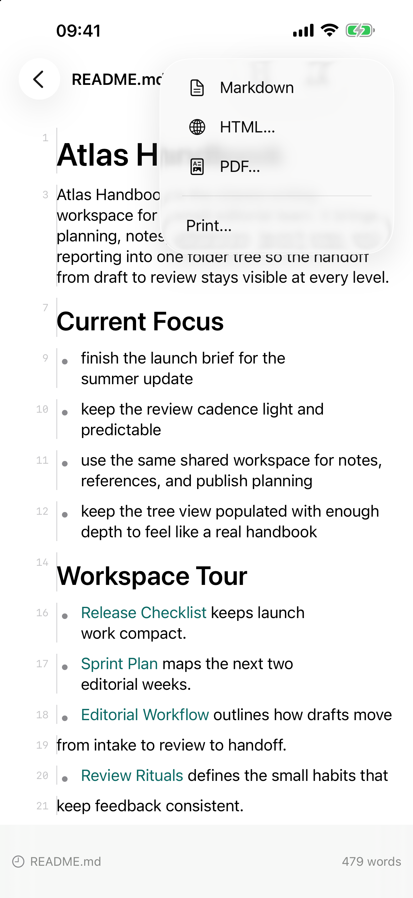 Share, export, and print menu in Mark Studio on iPhone