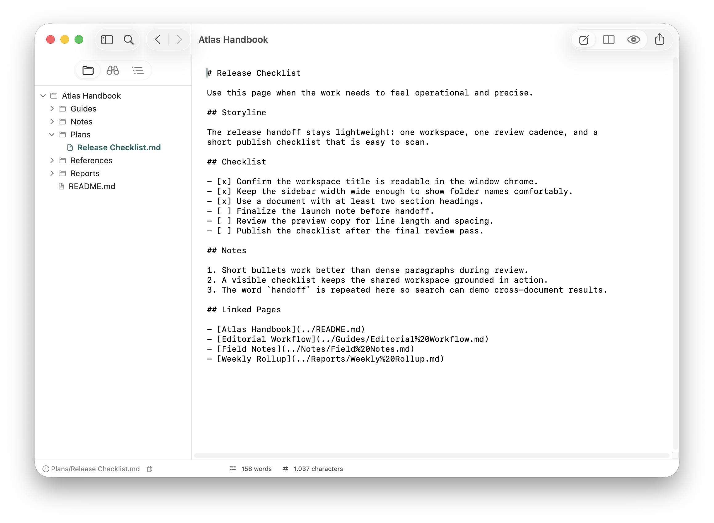 Mark Studio showing a release checklist document inside a workspace