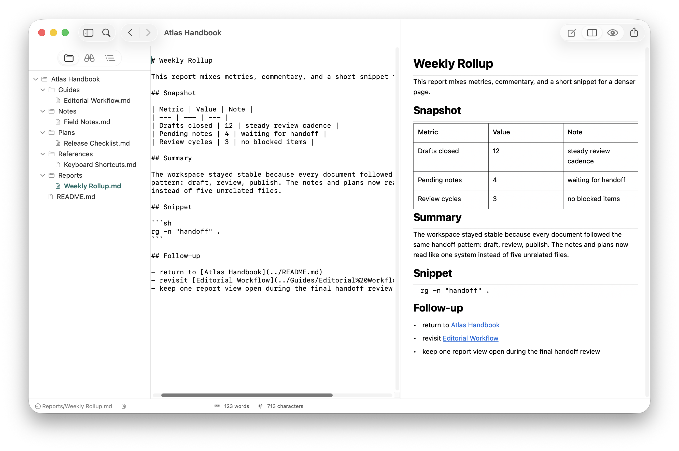 Mark Studio showing a weekly rollup with metrics table and split preview