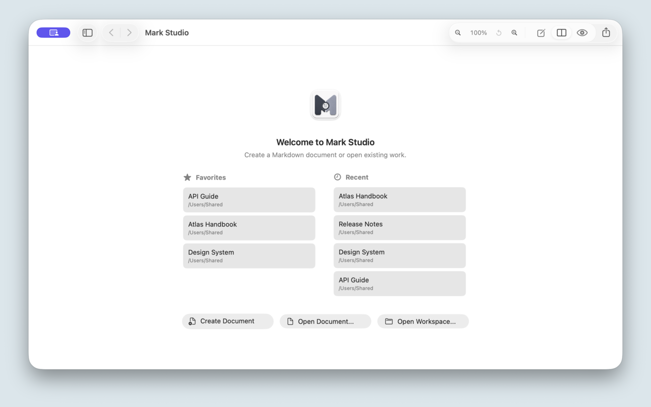 Mark Studio welcome window with Favorites and Recent Workspaces