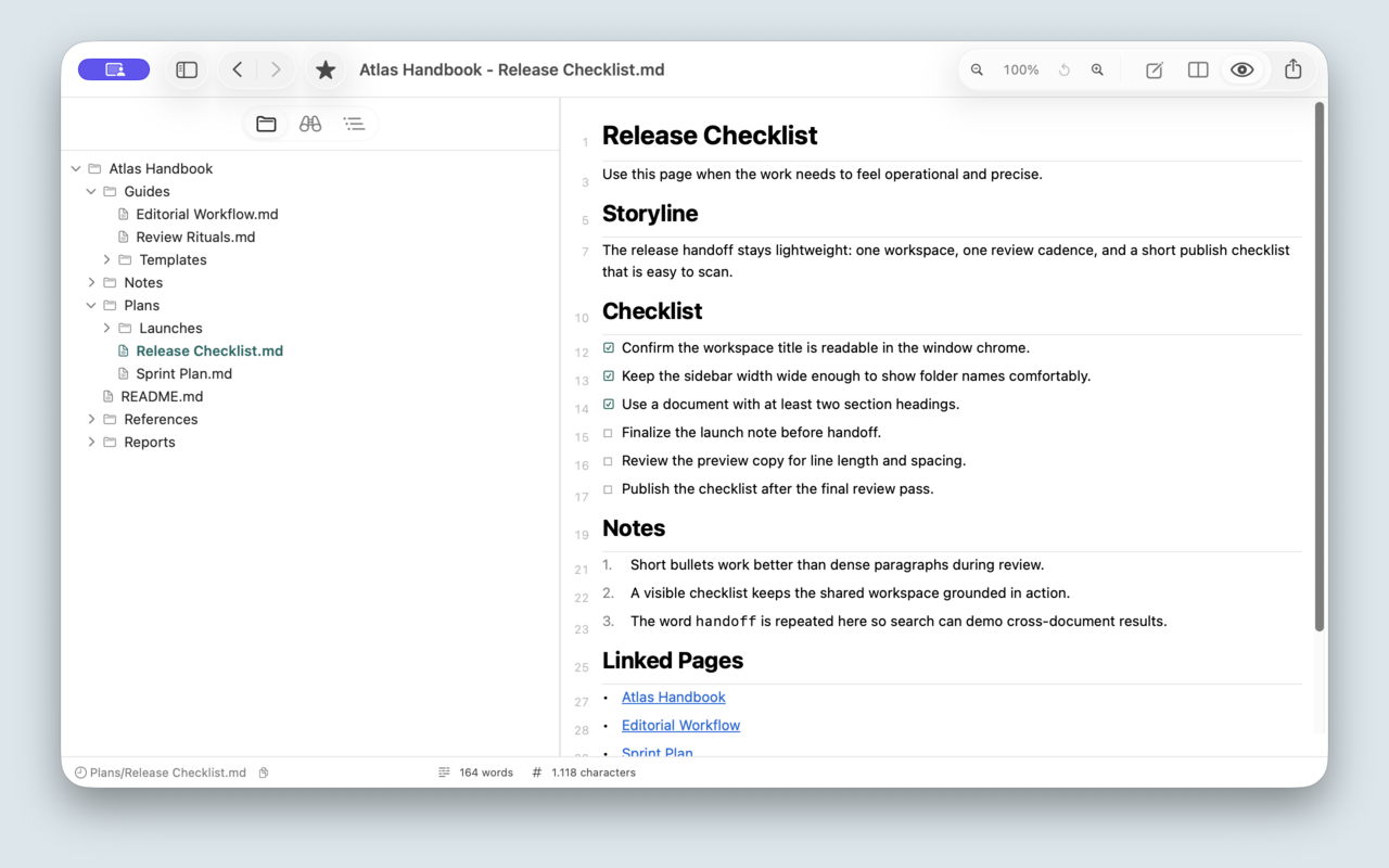 Mark Studio Workspace navigation with folders, linked pages, and rendered preview